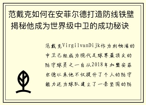 范戴克如何在安菲尔德打造防线铁壁 揭秘他成为世界级中卫的成功秘诀